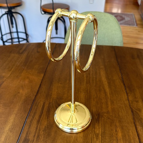 Polished Brass Towel Holder Double Ring Holder Stand Bathroom Accessory c 1970s - Picture 3 of 13
